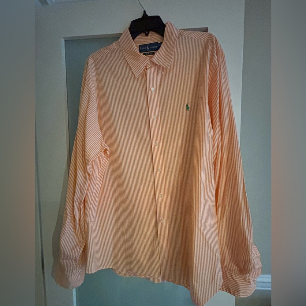 Ralph Lauren Peach and White Striped Button-Down Shirt